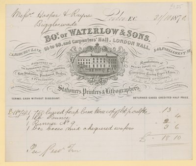 Rekening van Waterlow and Sons, 66-68 Carpenters Hall, London Wall, kantoorboekhandelaren door English School