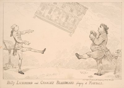 Billy Blackbeard en Charley Blackbeard spelen voetbal, satirische cartoon verwijzend naar de East India Bill, gepubliceerd door W. Humphrey, 1744 door English School