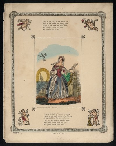 Vogel bezorgt een liefdesbrief aan een vrouw, liefdesgedicht (gekleurde gravure) door English School