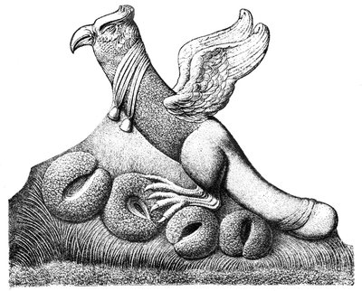 Vogel met gespreide vleugels en een fallische staart zittend op vier eieren, Gallo-Romeinse sculptuur uit Nîmes in Frankrijk door English School