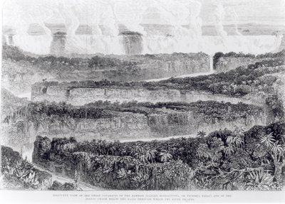 Vogelvlucht van de Grote Cataracten van de Zambesi (Victoria Falls) uit Verhaal van een Tentoonstelling naar de Zambesi en zijn Zijrivieren, gepubliceerd 1865 door English School