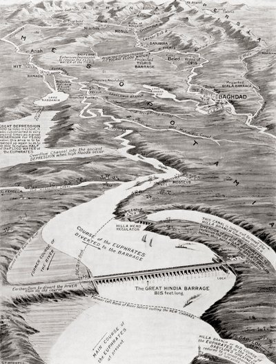 Vogelvlucht van Mesopotamië met het voorgestelde irrigatieschema van William Willcock, uit Hutchinson