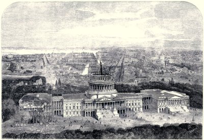 Vogelperspectief van de stad Washington 1861, met het Capitool in aanbouw op de voorgrond (digitaal schoongemaakte versie) door English School