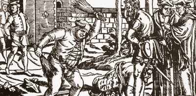 Bisschop Bonner slaat zijn gevangene, John Willes, in de boomgaard van zijn paleis in Fulham door English School