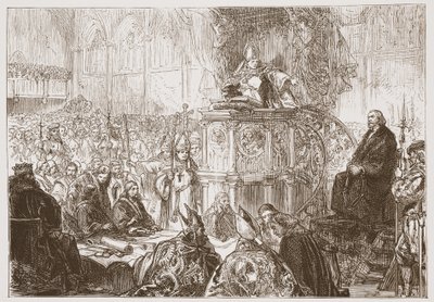 Bisschop van Lodi predikend tijdens het proces van Hus, illustratie uit The History of Protestantism door James Aitken Wylie (1808-1890), gepubliceerd 1878 door English School