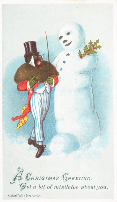Zwarte man praat met Sneeuwman, Kerstkaart door English School