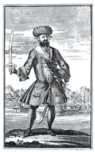 Zwartbaard de Piraat, uit A General History of the Robberies and Murders of the most Notorious Pyrates door Kapitein Charles Johnson, gepubliceerd 1724 door English School