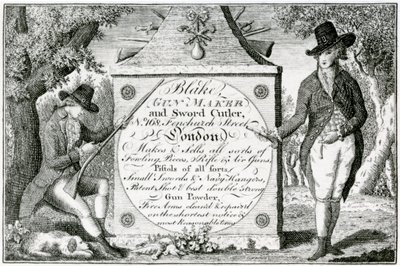 Blake, Wapenmaker en Zwaardensmid, geweerkistlabel (gravure) door English School