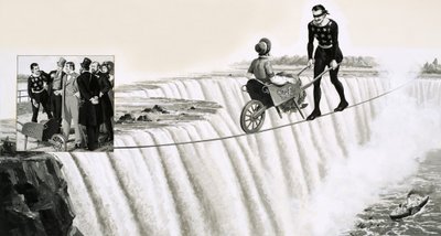 Blondin (Francois Gravelet) duwt een kruiwagen over een koord over de Niagarawatervallen door English School