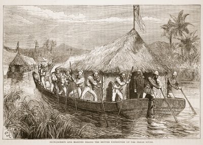 Blauwe jassen en mariniers polen de Britse expeditie de Perak-rivier op, illustratie uit Cassells Geïllustreerde Geschiedenis van Engeland door English School