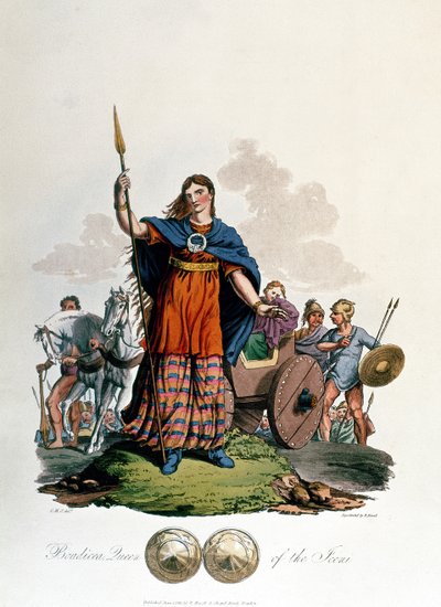 Boudica, koningin van de Iceni, ontworpen door C.H.S., gegraveerd door Richard Havell de Oudere, gepubliceerd 1815 door English School