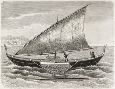 Boot van de Mortlock-eilanden, met drijver en zeil van rietmatten, uit 
