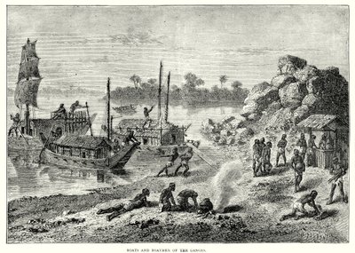Boten en schippers van de Ganges (gravure) door English School