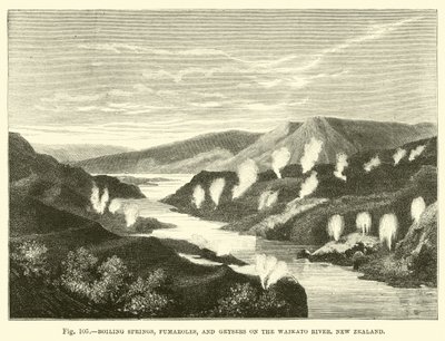 Kokende bronnen, fumarolen en geisers aan de Waikato-rivier, Nieuw-Zeeland door English School