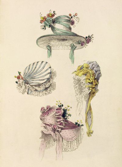 Hoeden voor een gelegenheid, modeplaat uit Ackermanns Repository of Arts door English School