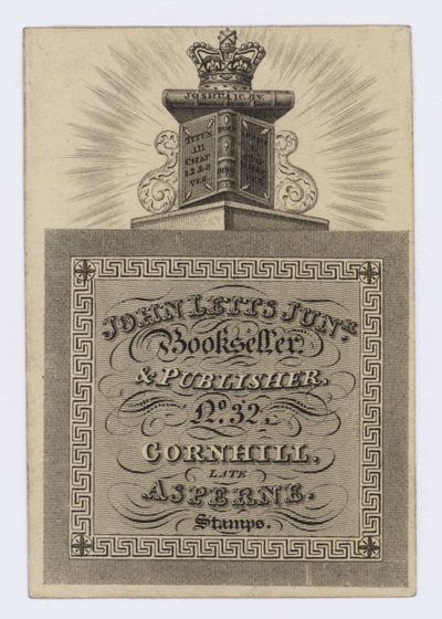 Boekverkoper en Uitgever, John Letts Junior, handelskaart door English School