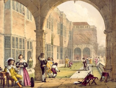 Schaaltjes op het terras in Bramshill in 1600, uit Architectuur van de Middeleeuwen door Joseph Nash, gepubliceerd in 1838 door English School
