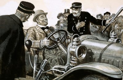 Bokser Jack Johnson aan het stuur van een raceauto door English School