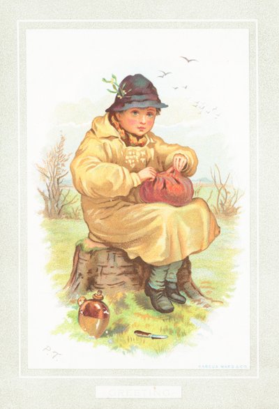 Jongen staat op het punt om te lunchen op het platteland, Kerstkaart door English School