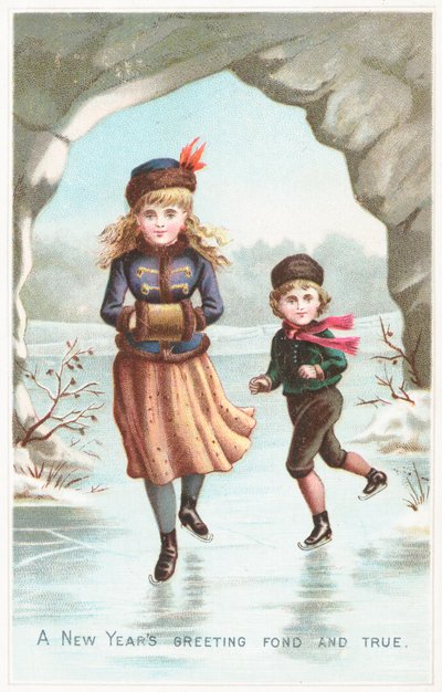 Jongen en meisje schaatsen, Nieuwjaarskaart door English School