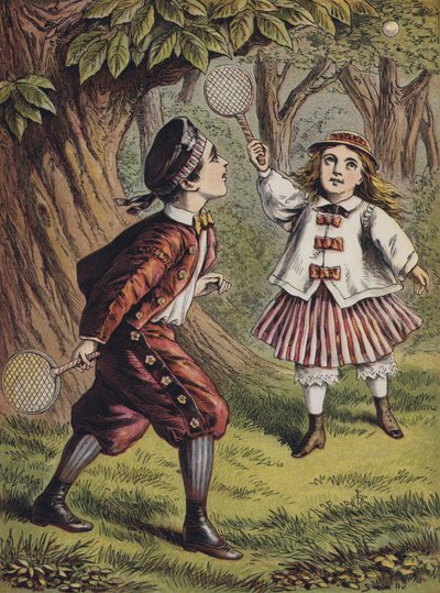 Jongen en meisje spelen met knuppel en bal door English School