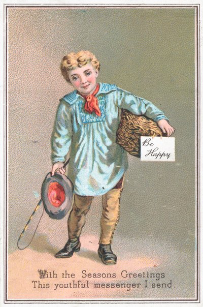Jongen bezorgt geschenkenmand, Kerstkaart door English School