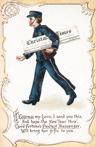 Jongen bezorgt kerstkrant, kerstkaart door English School