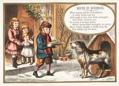 Jongen voedt hond in kennel, Kerstkaart door English School