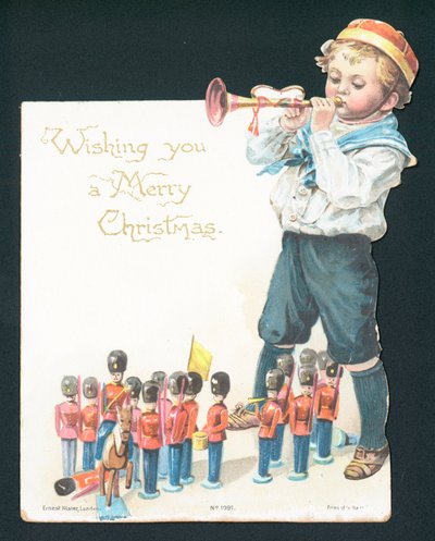Jongen speelt met tinnen soldaatjes en blaast op trompet, Kerstkaart door English School