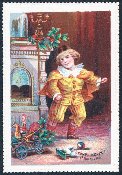 Jongen speelt met speelgoed, kerstkaart door English School