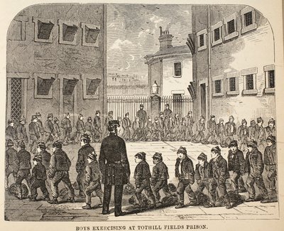 Jongens aan het oefenen in Tothill Fields Prison, illustratie uit The Criminal Prisons of London and Scenes from Prison Life door Henry Mayhew en John Binny, uitgegeven in 1862 door English School