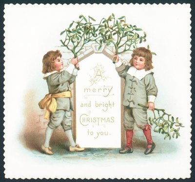 Jongens hangen maretak aan bord, kerstkaart door English School