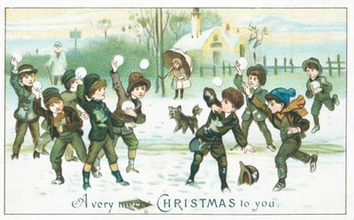 Jongens hebben een sneeuwballengevecht, kerstkaart door English School