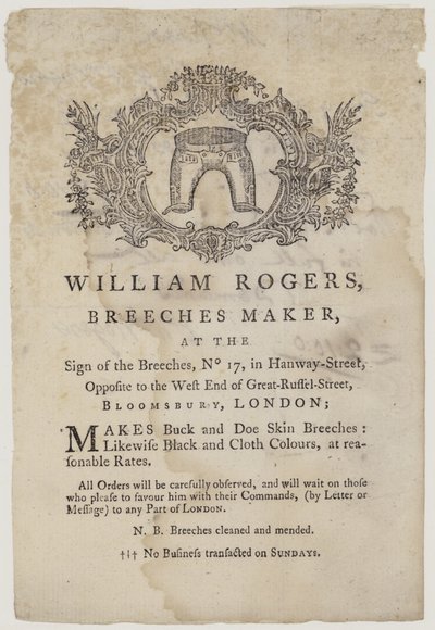 Broekmakers, William Rogers, handelskaart door English School