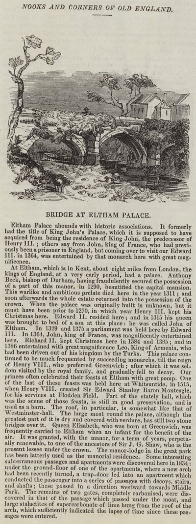 Brug bij Eltham Palace (gravure) door English School