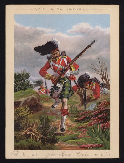 Britse soldaten van de 92e Highlanders, nieuwjaarsgroetkaart door English School