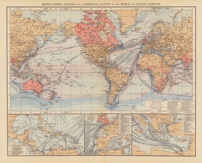 Britse Rijk, met de handelsroutes van de wereld en oceaanstromen door English School