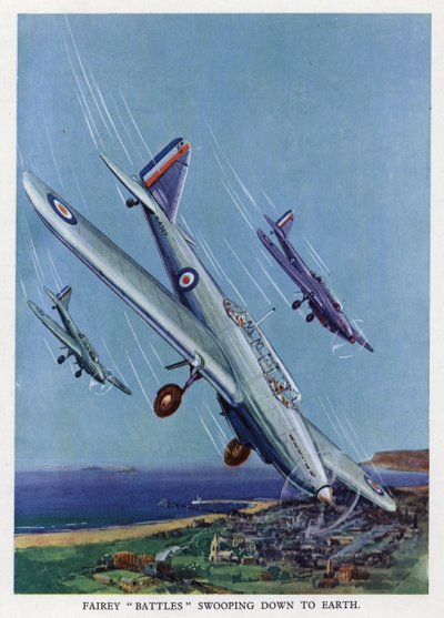 Britse Fairey Battle lichte bommenwerpers duiken naar de grond door English School