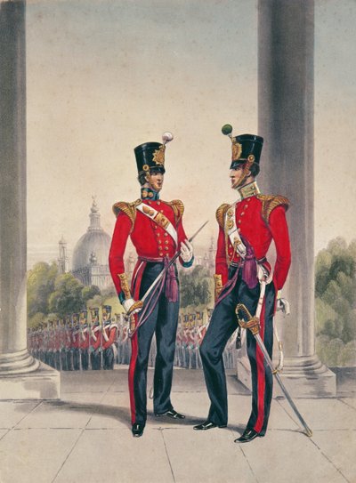 Britse Officieren in India (gekleurde gravure) door English School