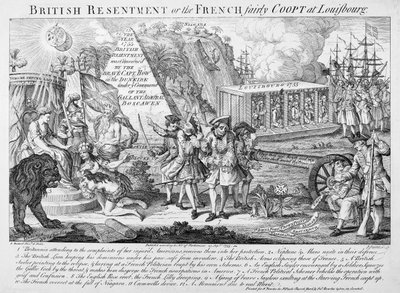 Britse wrok of, de Fransen eerlijk gevangen in Louisbourg, gepubliceerd 25 september 1755 door English School