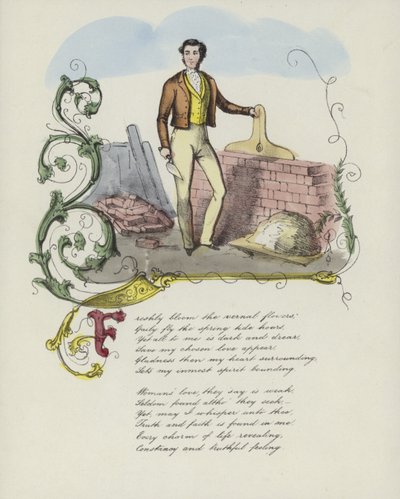 Britse Valentijnskaart met een afbeelding van een man die een muur bouwt door English School