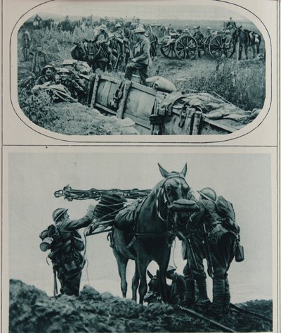Britse kanonniers met pakpaarden, Vlaanderen, augustus 1917 door English School