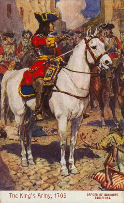 Britse officier van dragonders, Barcelona, Spanje, Oorlog van de Spaanse Successie door English School