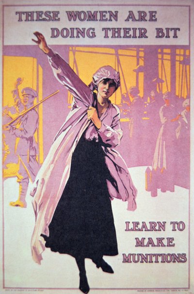 Britse poster van de Eerste Wereldoorlog om vrouwen aan te moedigen in munitiefabrieken te werken, ca. 1914-18 door English School