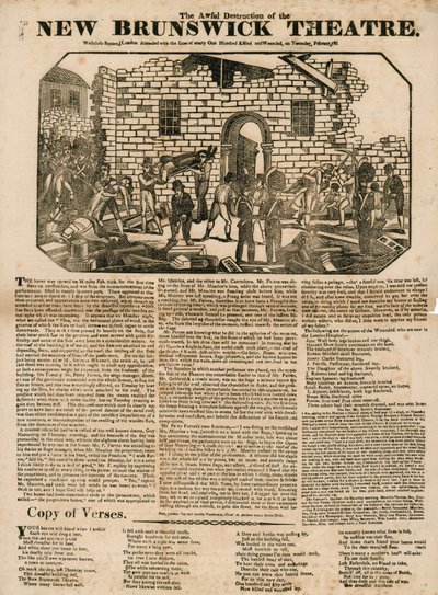 Broadsheet met De verschrikkelijke vernietiging van het New Brunswick Theater, Wellclose Square, Londen door English School