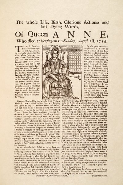 Pamflet gepubliceerd bij de dood van koningin Anne, op zondag 1 augustus 1714 door English School