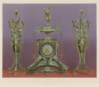 Bronzen klok en kandelaars van M Marchand uit Parijs (chromolitho) door English School
