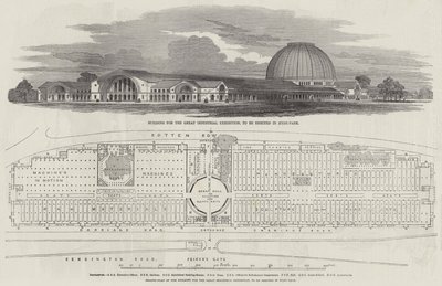 Gebouw voor de Grote Industriële Tentoonstelling, te bouwen in Hyde-Park (gravure) door English School