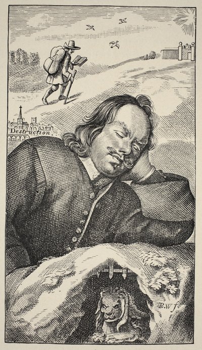 Bunyans droom, frontispice van The Pilgrims Progress door John Bunyan (1628-88), 4e editie, uitgegeven 1680 door English School