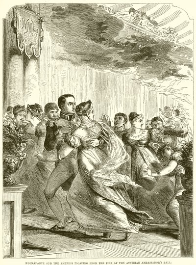 Bonaparte en de Keizerin ontsnappen aan de brand op het bal van de Oostenrijkse ambassadeur door English School